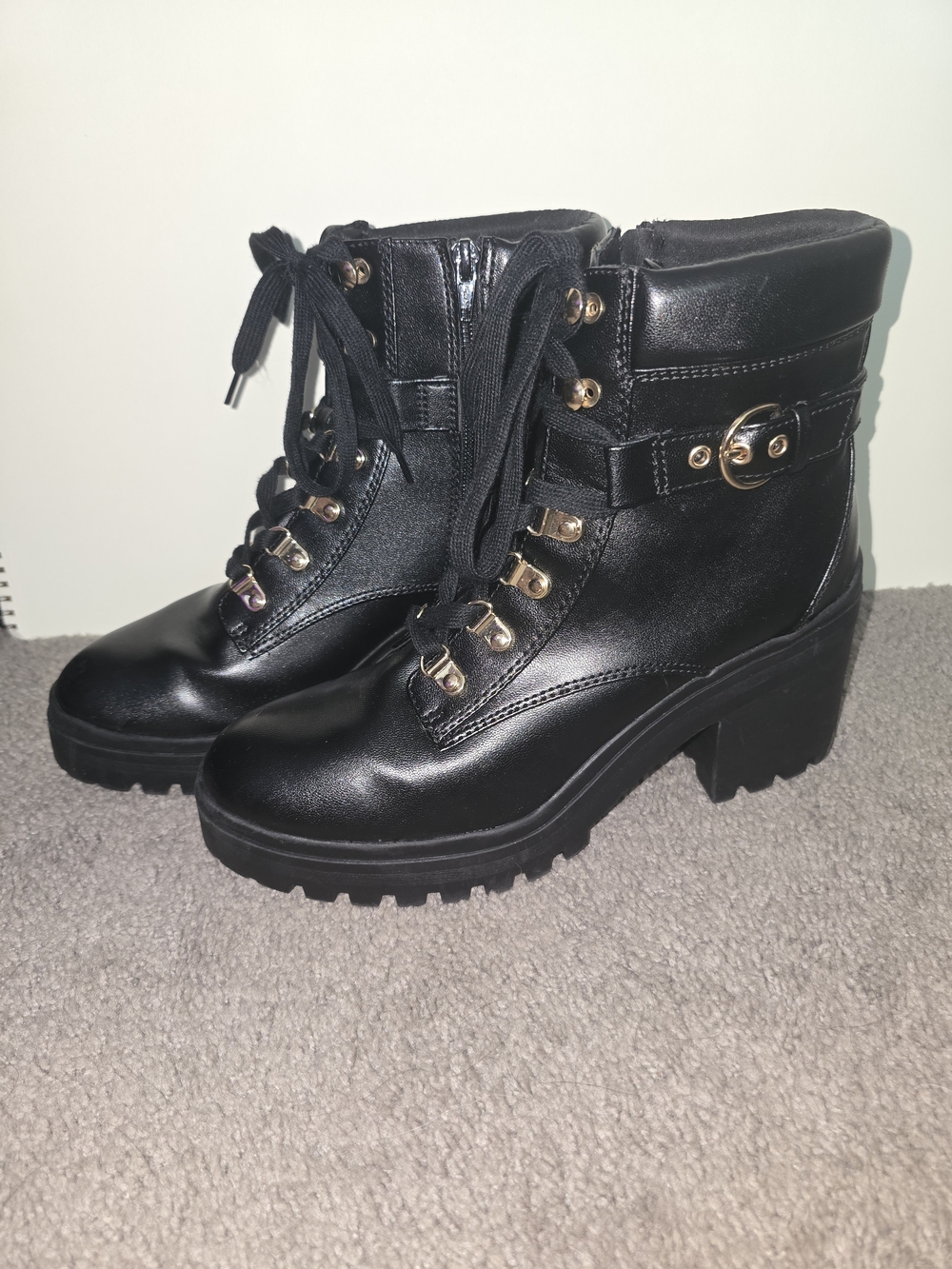 Wild Pair Black Lace-Up Platform Ankle Boots with Gold Accents